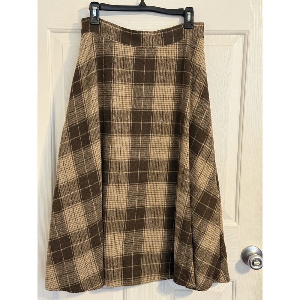 Dazy Plaid midi preppy A-Line Skirt High Rise Lined Size L Brown Tan fall